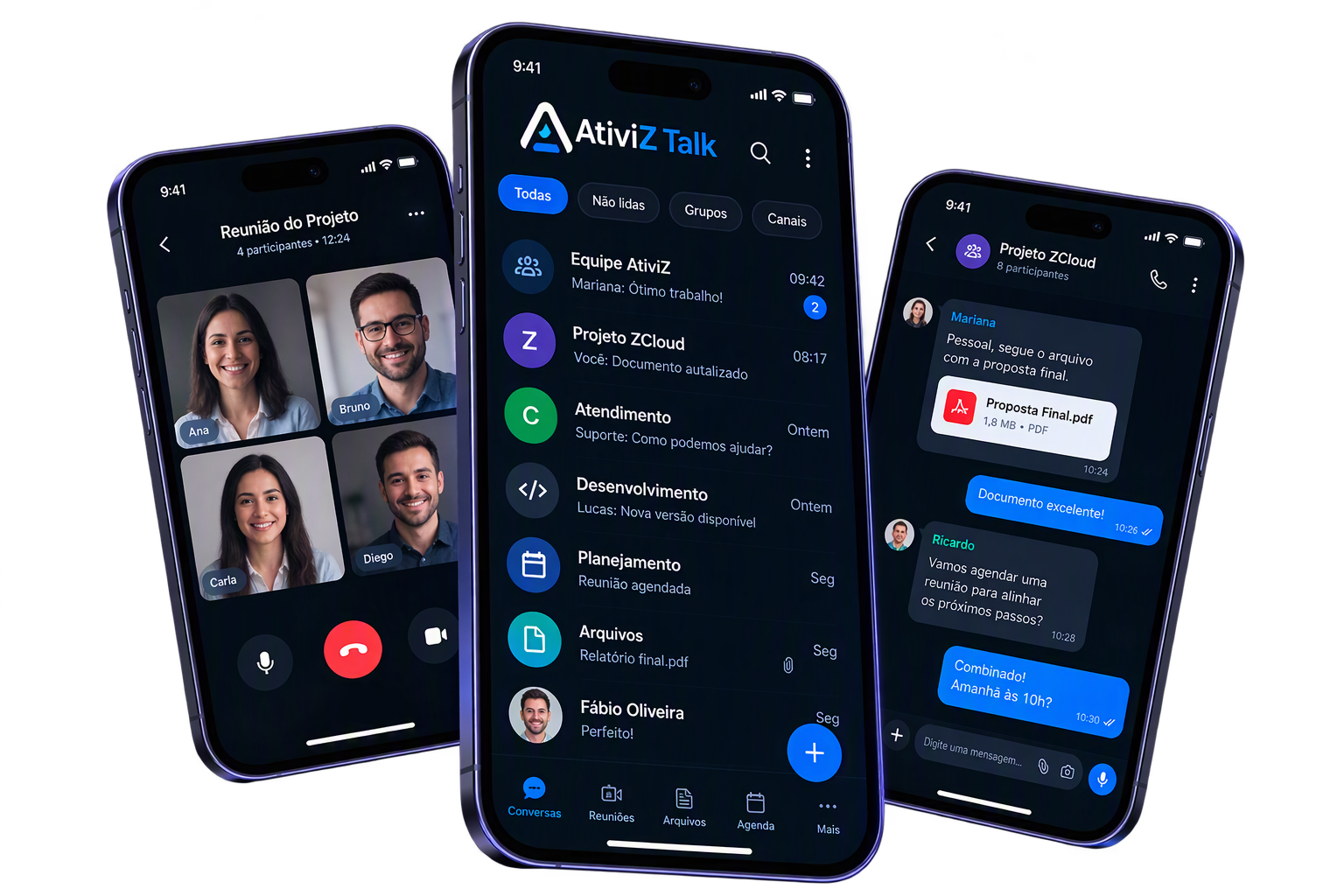 Telas do Talk Messeger em celulares, mostrando videoconferência, conversas e arquivos